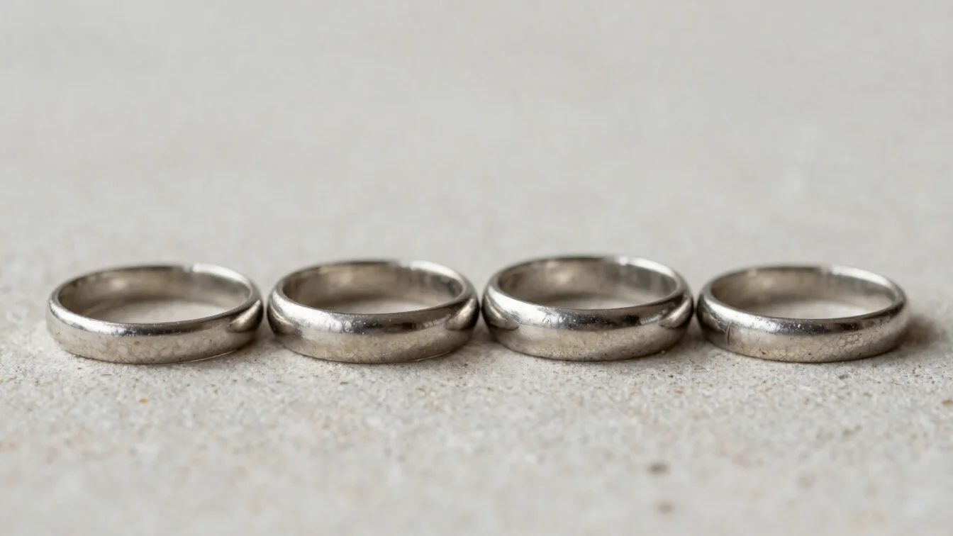 Macro studio photograph of a row of rings on a neutral stone surf