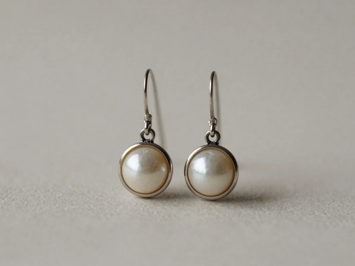 Macro studio photograph of a pair of drop earrings on a soft neut