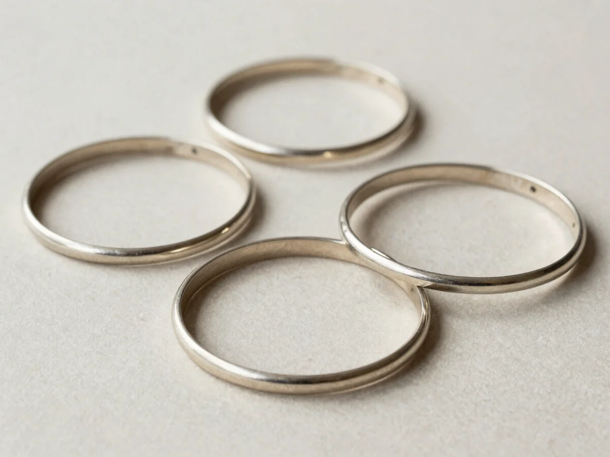 Studio photograph of a set of slim metal bangles arranged loosely