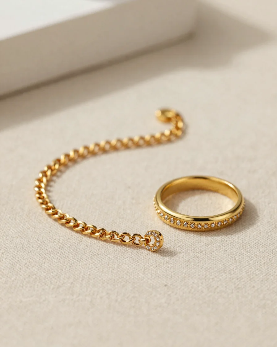 Macro studio photograph of a delicate gold chain and a textured r