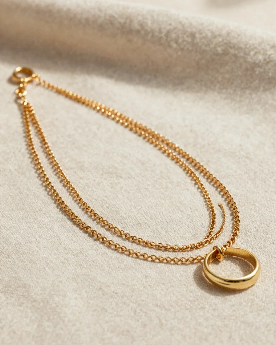 Warm studio portrait of layered gold chains and rings resting on